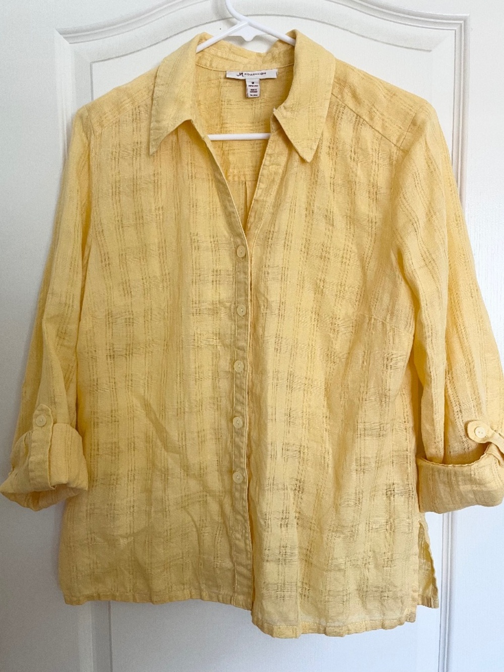 JM Collection Women's Size 10 Yellow 100% Linen Long Sleeve Button Up Collared